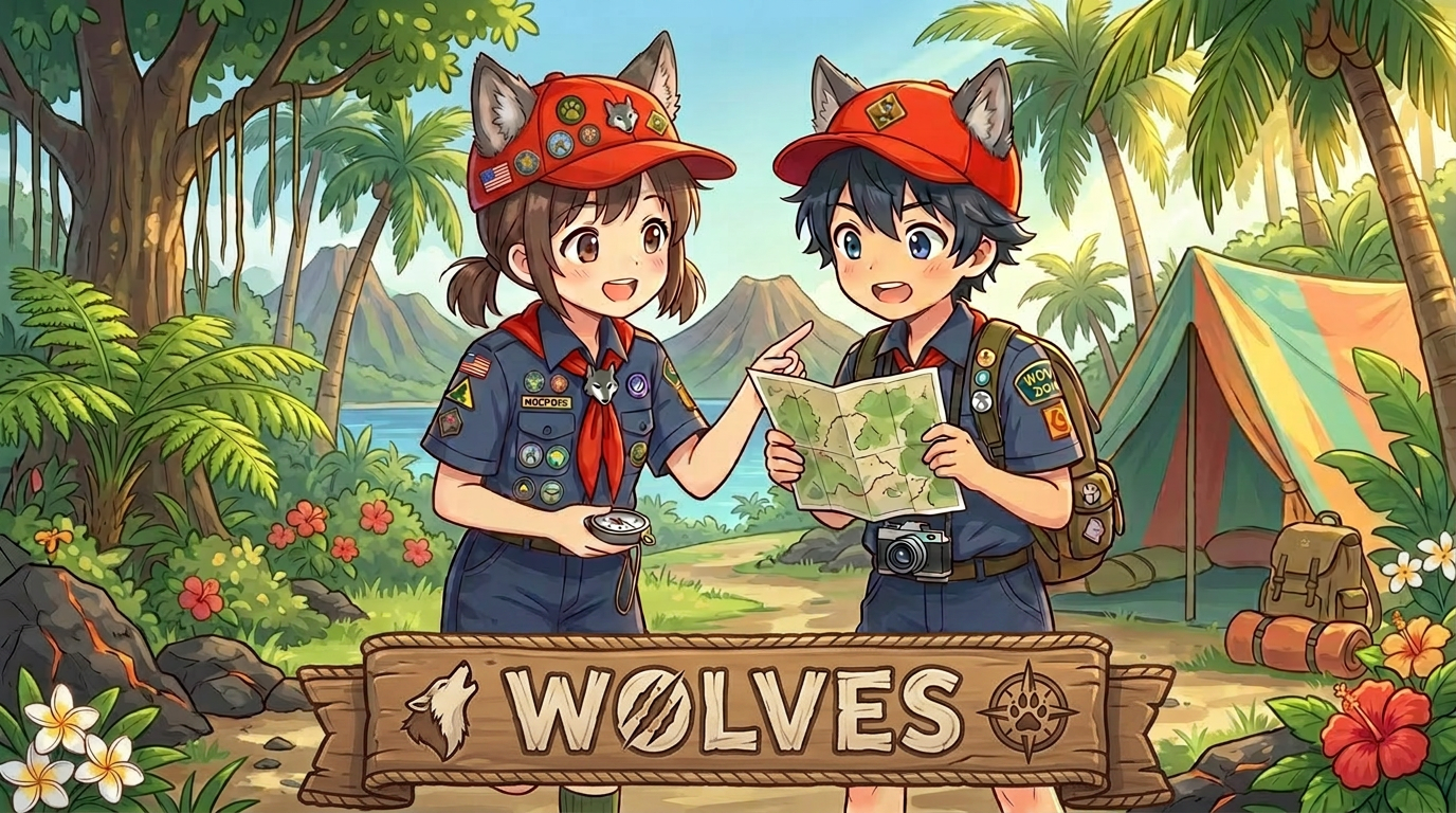 Two children in Wolf Den scout uniforms with animal ear hats using a map and compass in a forest campsite