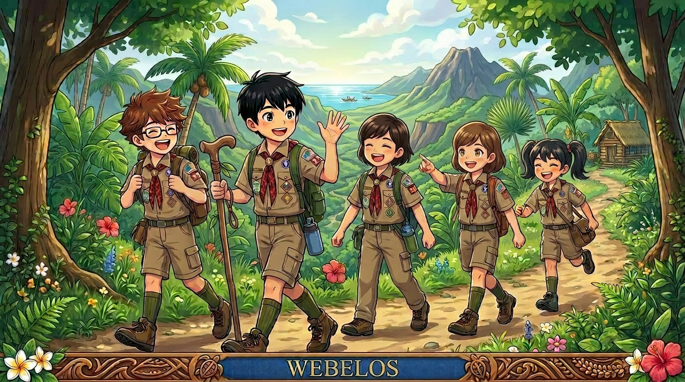 Five Boy Scouts in uniform walking on a forest trail with a Pack 234 flag